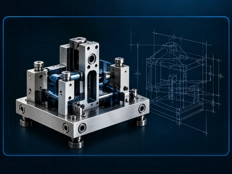 Gabarito industrial em aço sobre base usinada com blueprint ao fundo